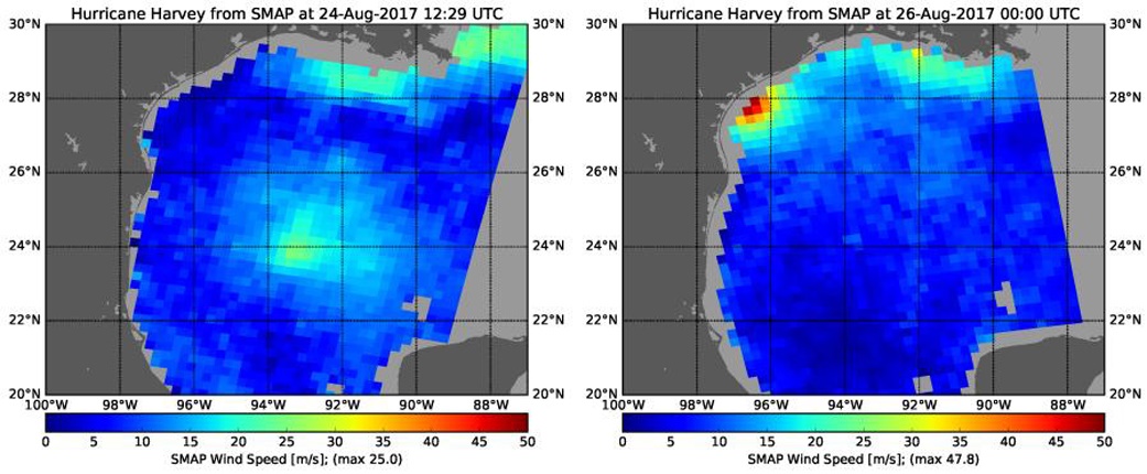 Two images of Harvey's wind speed. The first, from August 24, 2017, shows lower wind speeds with a slight peak in the center of the Gulf of Mexico. The second, from August, 26, 2017, shows an increase in wind speed along the coast of Texas.