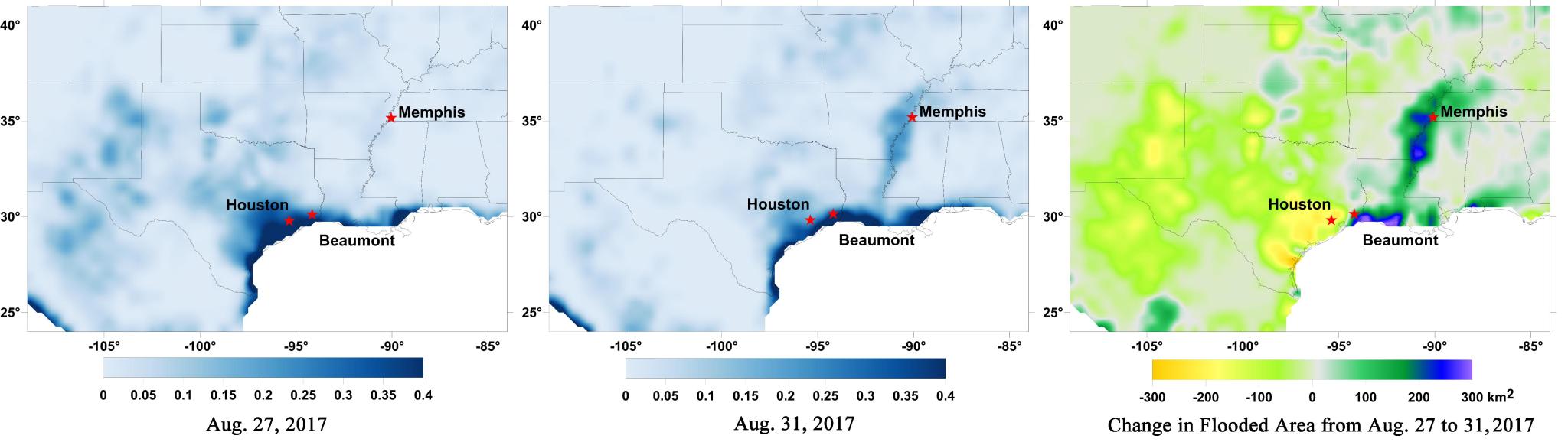 Surface flooding maps of southeast Texas and the Tennessee Valley after Harvey. The first map from August 27, 2017 shows heavy blue near Houston and Beaumont and splotches of dark blue funding inland Texas. The second from August 31, 2017 shows similar dark blue flooding near Houston and Beaumont, but less inland. The third shows change in flooded area from August 27 to August 31, with the most near Beaumont.
