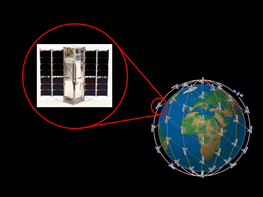 Illustration of Earth with generic spacecraft orbiting around it. An inset from one of the satellites shows a picture of RAVAN. RAVAN is a long silver rectangular prism, sitting up on one of the small sides. Solar panels jut out from each side like wings