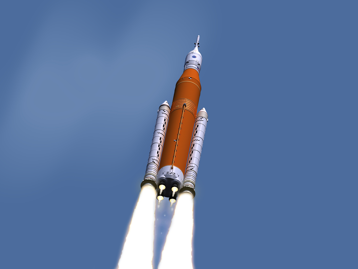 Black-and-white checkerboard targets on the exterior of the Space Launch System heavy-lift rocket.