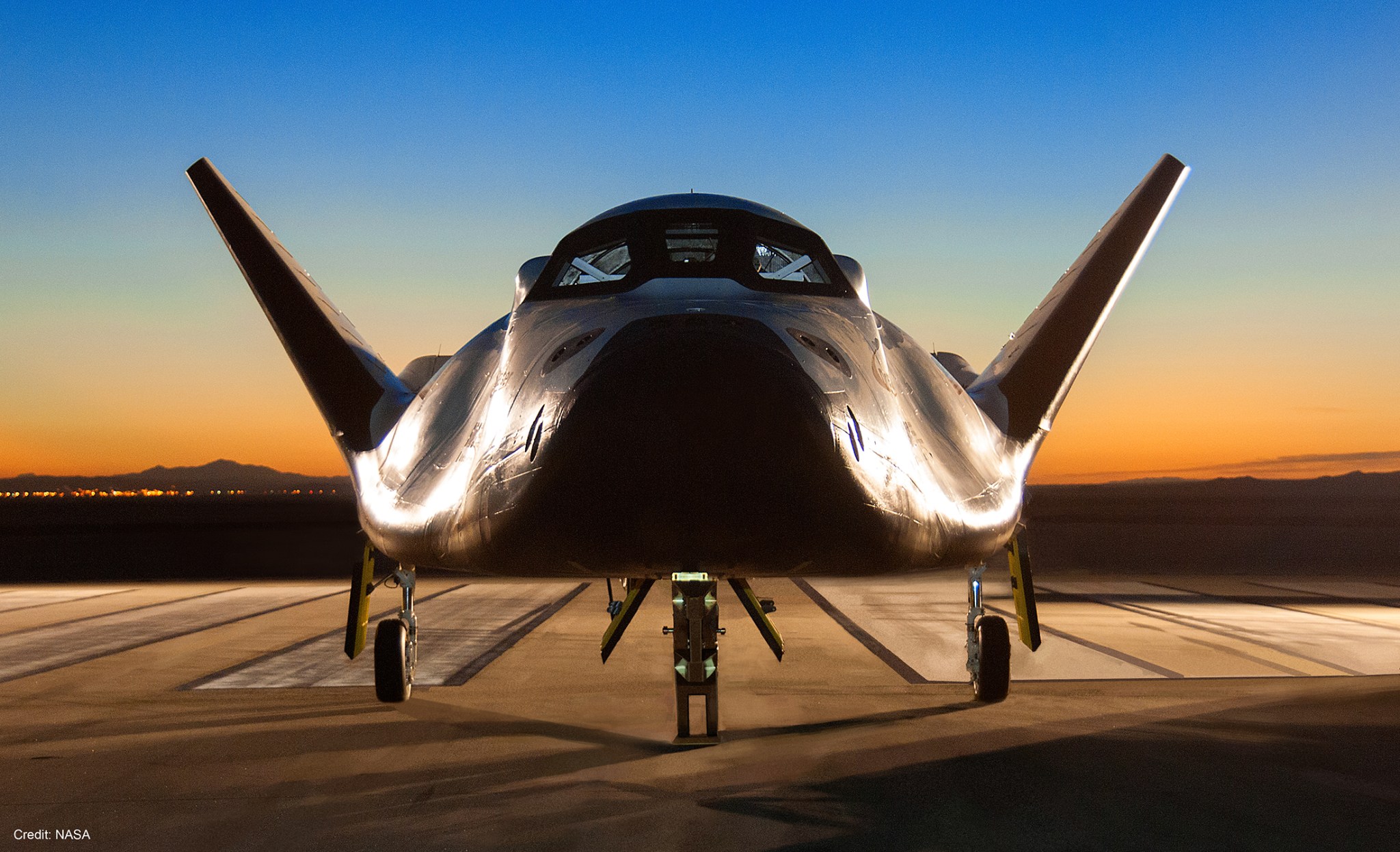 The Dream Chaser photographed at dawn on the NASA Armstrong Research Center runway.