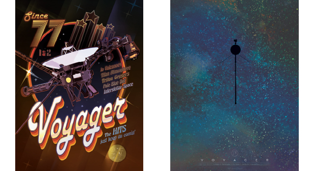 Voyager mission posters in 70's style and modern style
