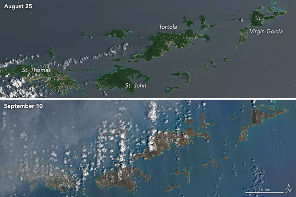 Two stacked satellite images of St. Thomas, St. John, Tortola, and Virgin Gorda. In the top one, from August 25, the islands are green with vegetation. In the second, from