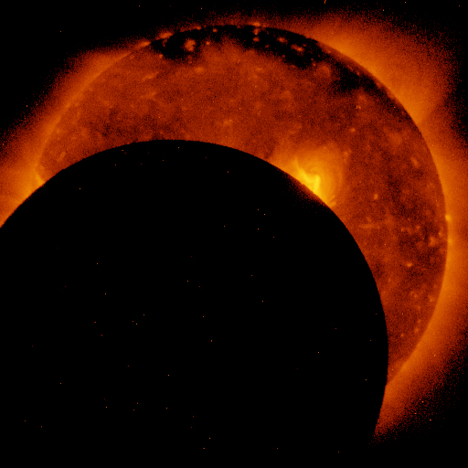 A second image from Hinode of the Aug. 21 total solar eclipse, taken approximately 5 minutes farther into lunar transit. 