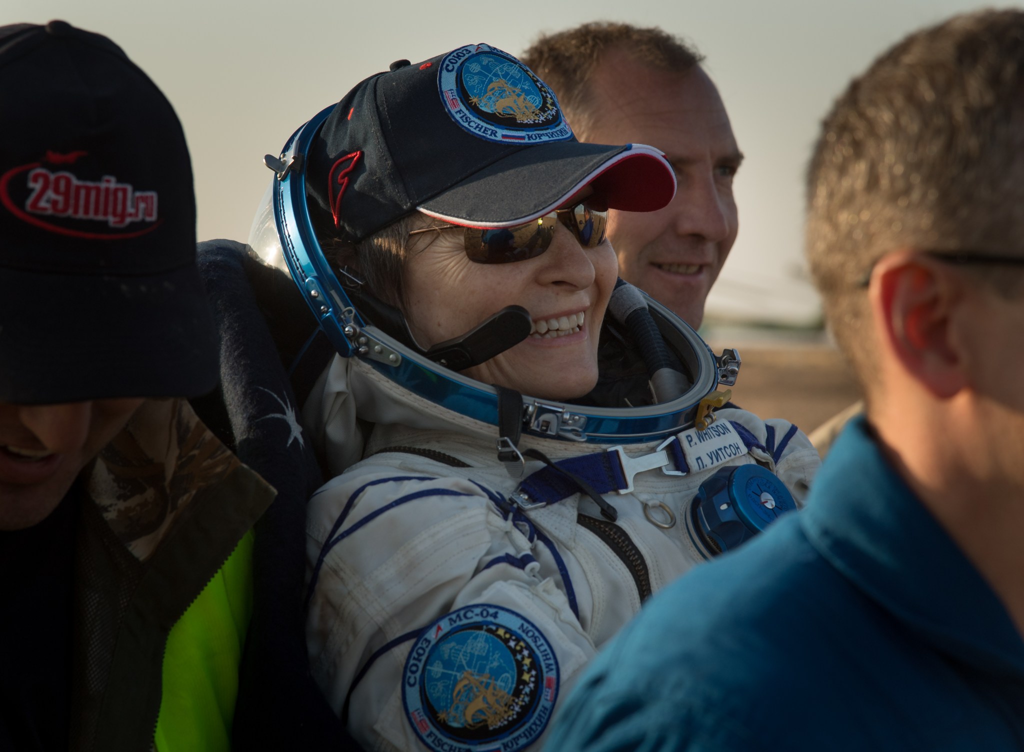 NASA astronaut Peggy Whitson is carried into a medical tent shortly after she landed.