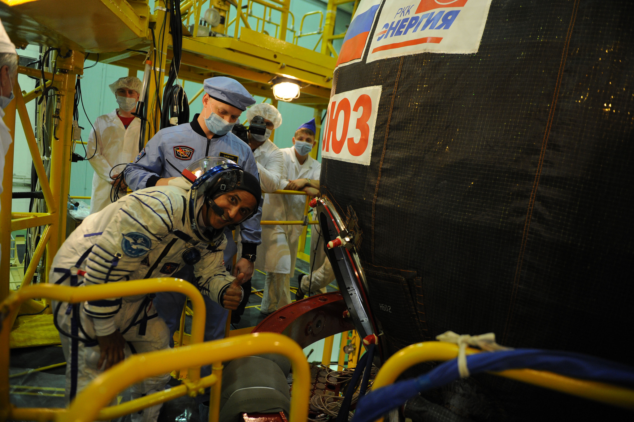 Expedition 53-54 crewmember Joe Acaba of NASA enters the Soyuz MS-06 spacecraft during pre-launch training activities Aug. 28.