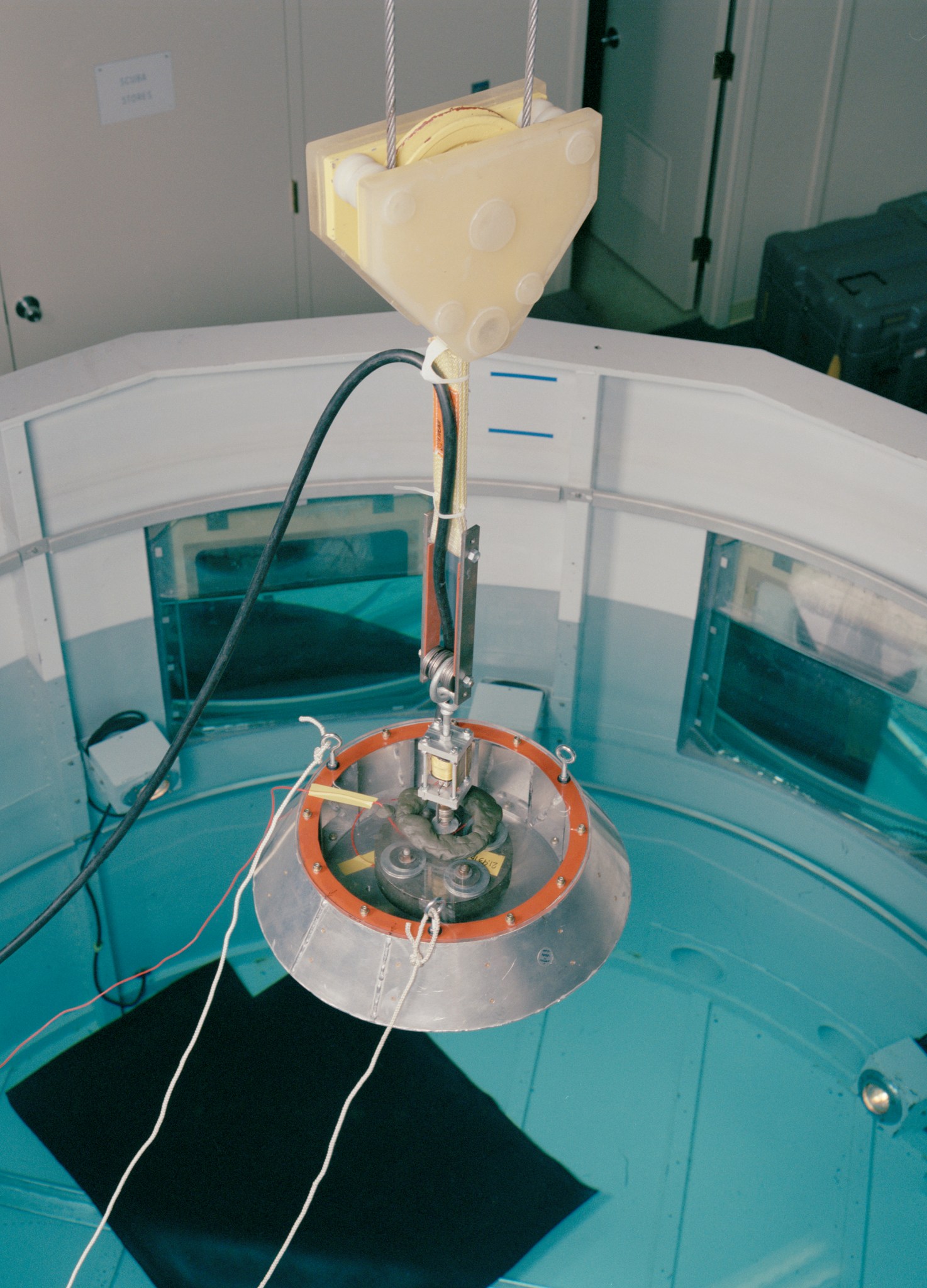 The Huygens probe going through testing in a neutral buoyancy pool at NASA’s Ames Research Center in Silicon Valley.