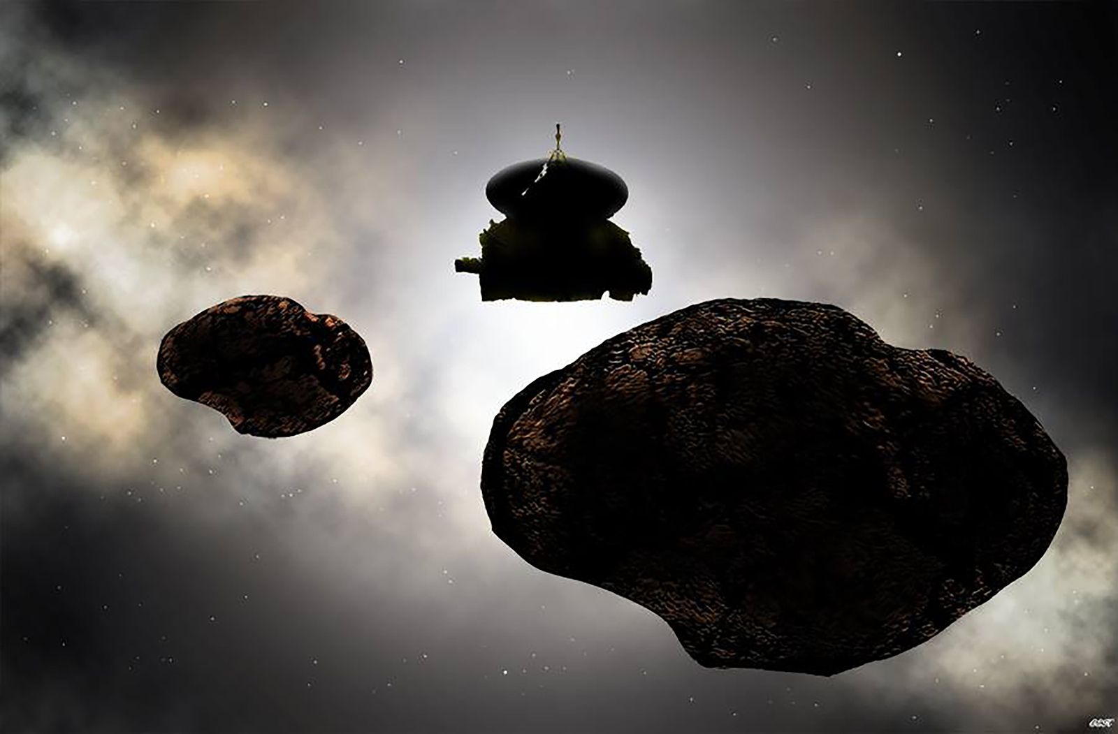 Artist's concept of NASA’s New Horizons spacecraft flying by a possible binary 2014 MU69 on Jan. 1, 2019.