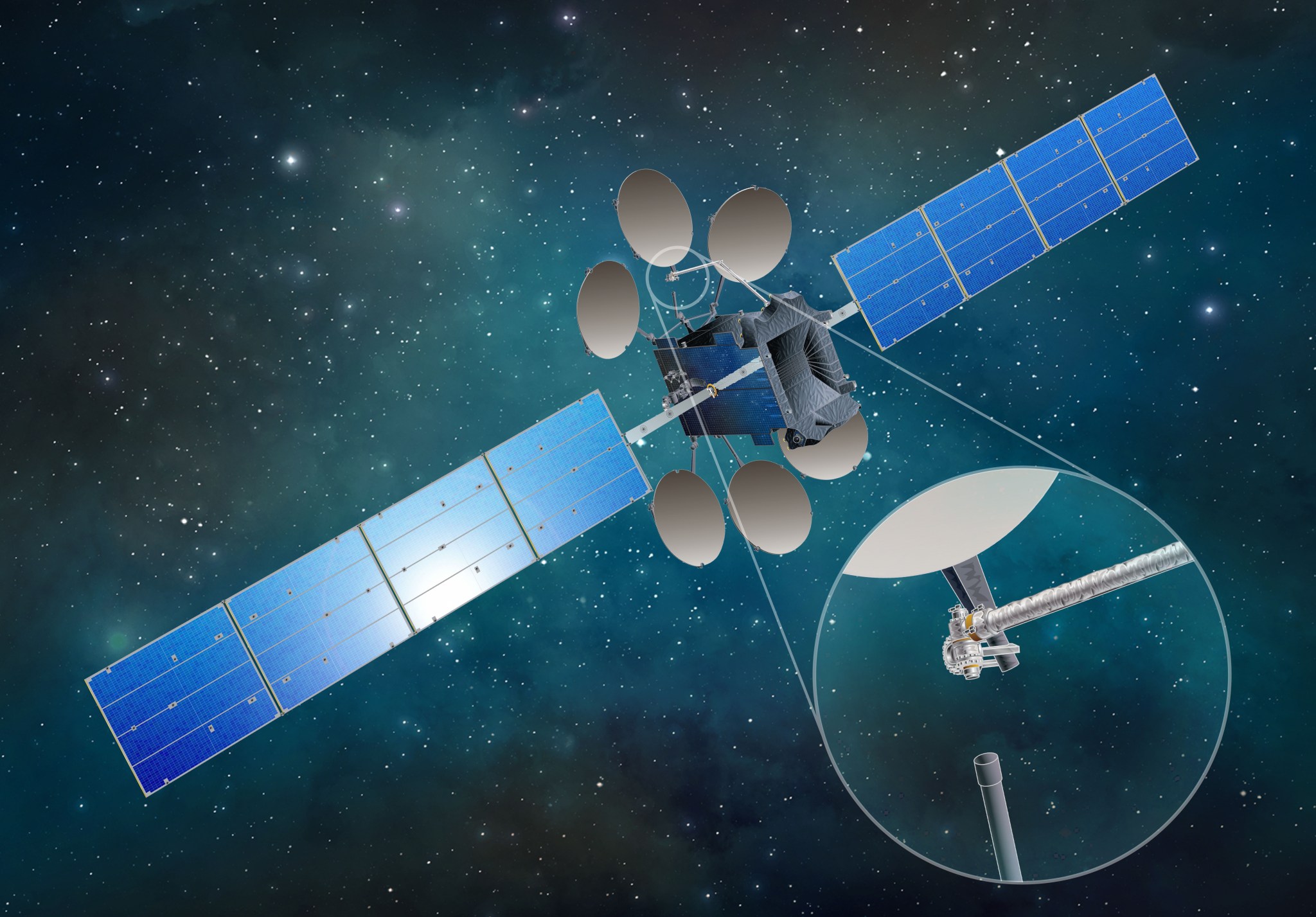 This artist's rendering depicts Dragonfly assembling and deploying large antenna reflectors on a satellite in Earth orbit. 
