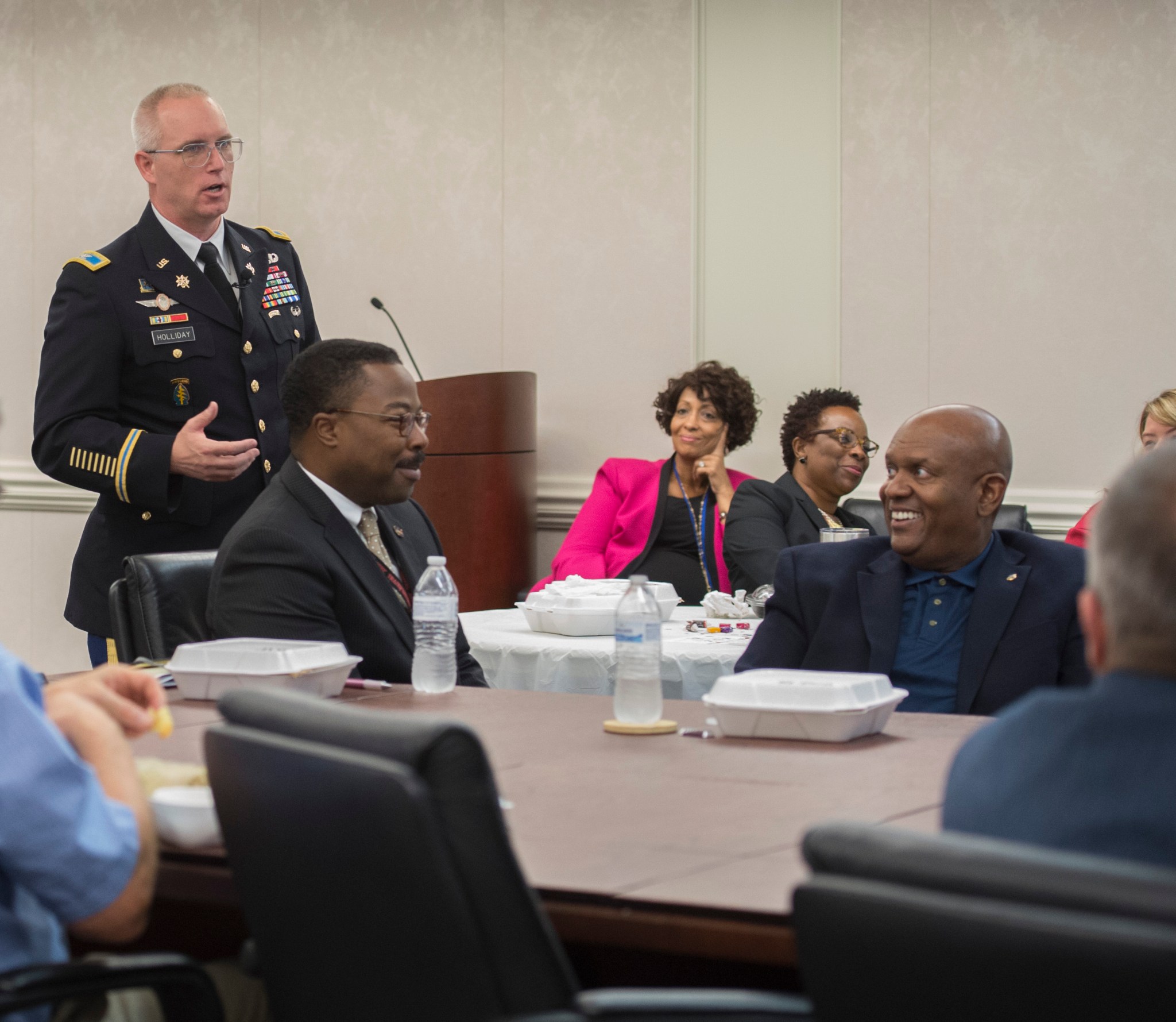 U.S. Army Col. Thomas Holliday Jr., Garrison Commander at Redstone Arsenal, spoke at the Marshall Association luncheon Sept. 20 