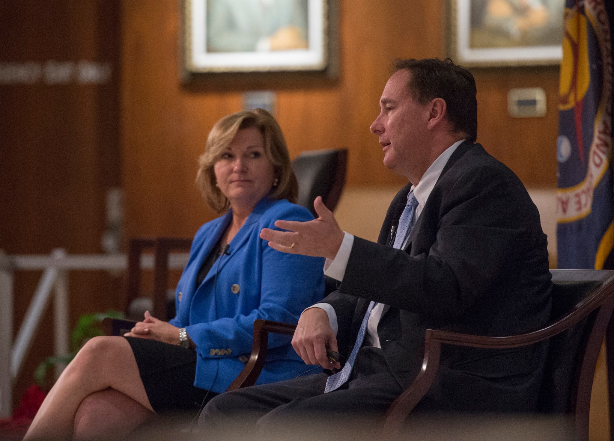 NASA Acting Administrator Robert Lightfoot, right, speaks to the Marshall workforce as Lesa Roe, deputy associate administrator.