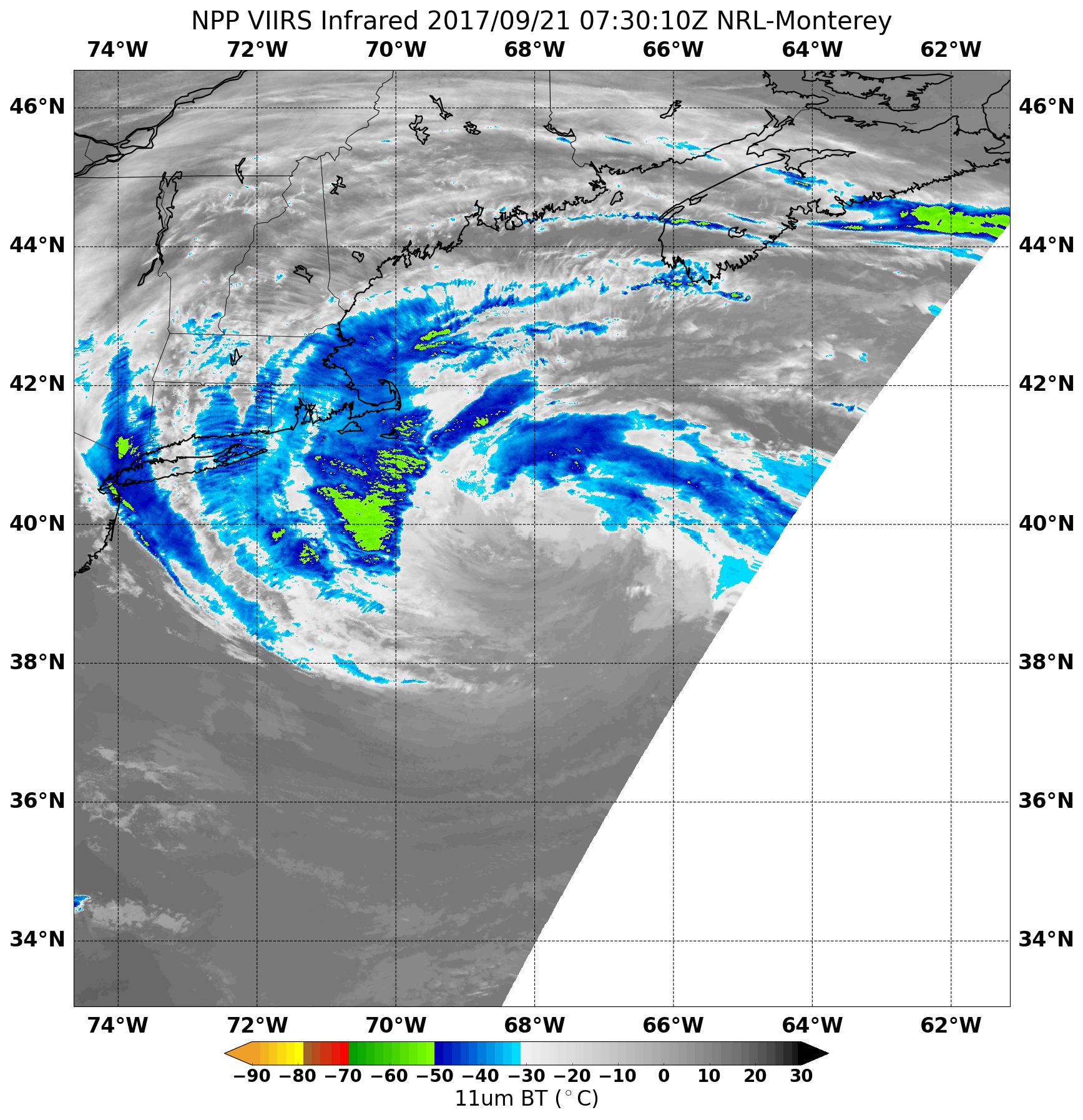 Satellite image of Jose in infrared, with cloud temperatures in blues and greens. 