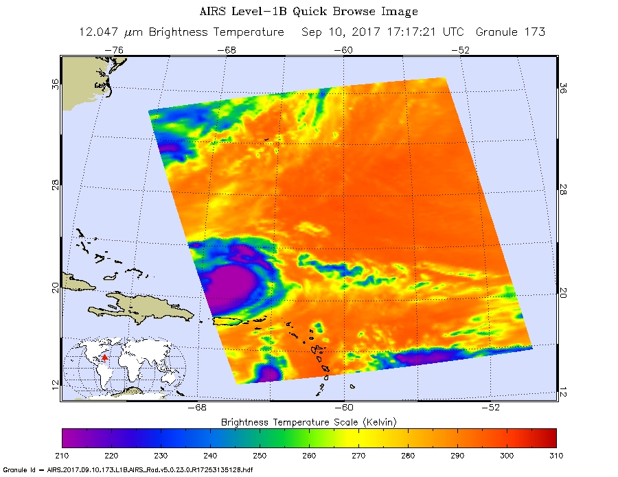 Satellite image of Jose with cloud temperatures in purples, greens, and blues.