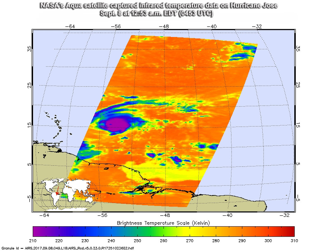 Satellite image of Jose, with cloud temperatures in purples, blues, greens, and yellows.