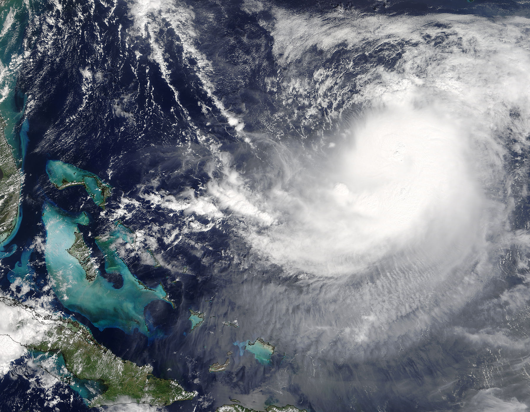 Satellite image of Jose, a comma shaped cloud mass near the Caribbean.