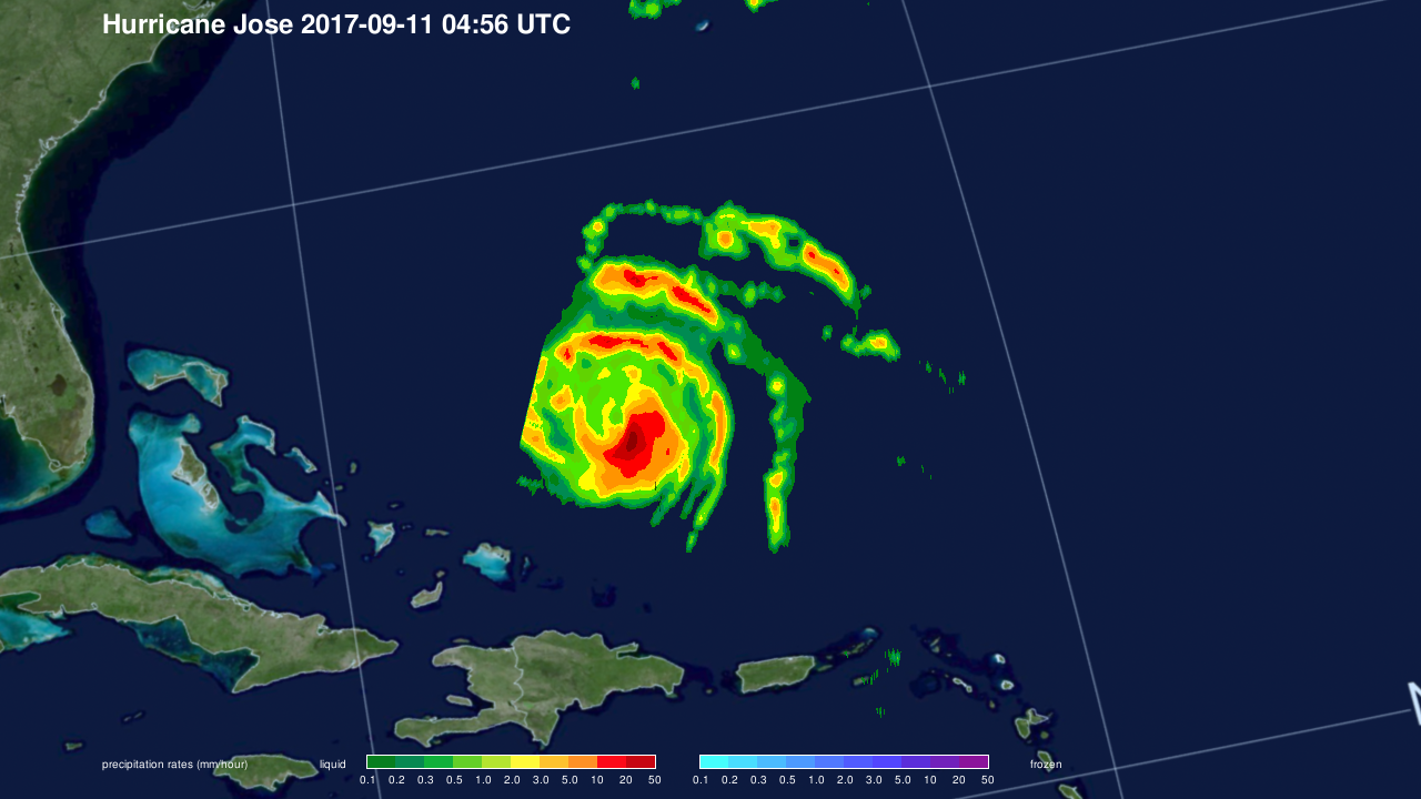 Satellite data of Jose, with precipitation rates in reds, oranges, yellows, and greens.