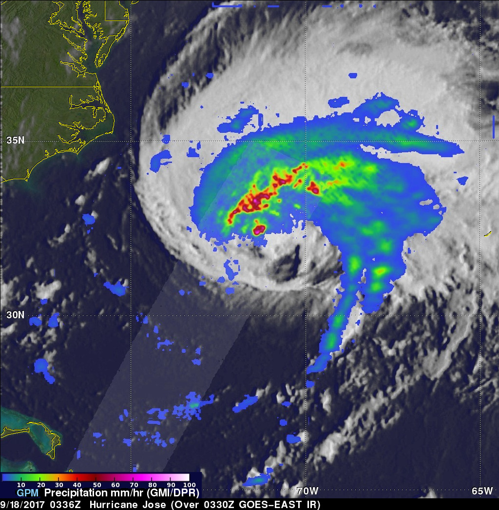 Satellite image of Jose with precipitation in millimeters per hour in red, greens, and blues.