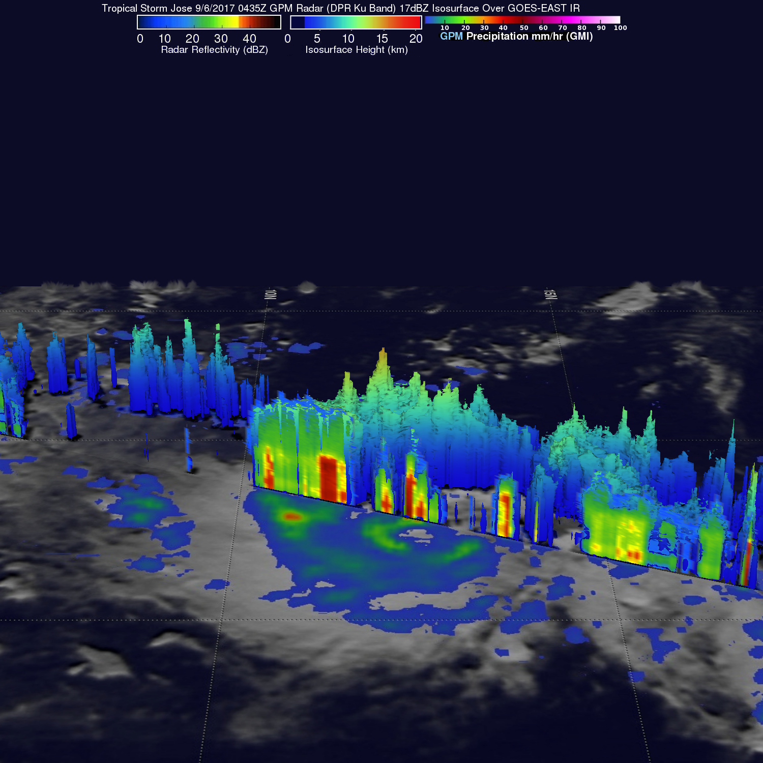 Satellite image of Jose in 3D, with towers of clouds with temperatures in reds, yellows, greens, and blues.