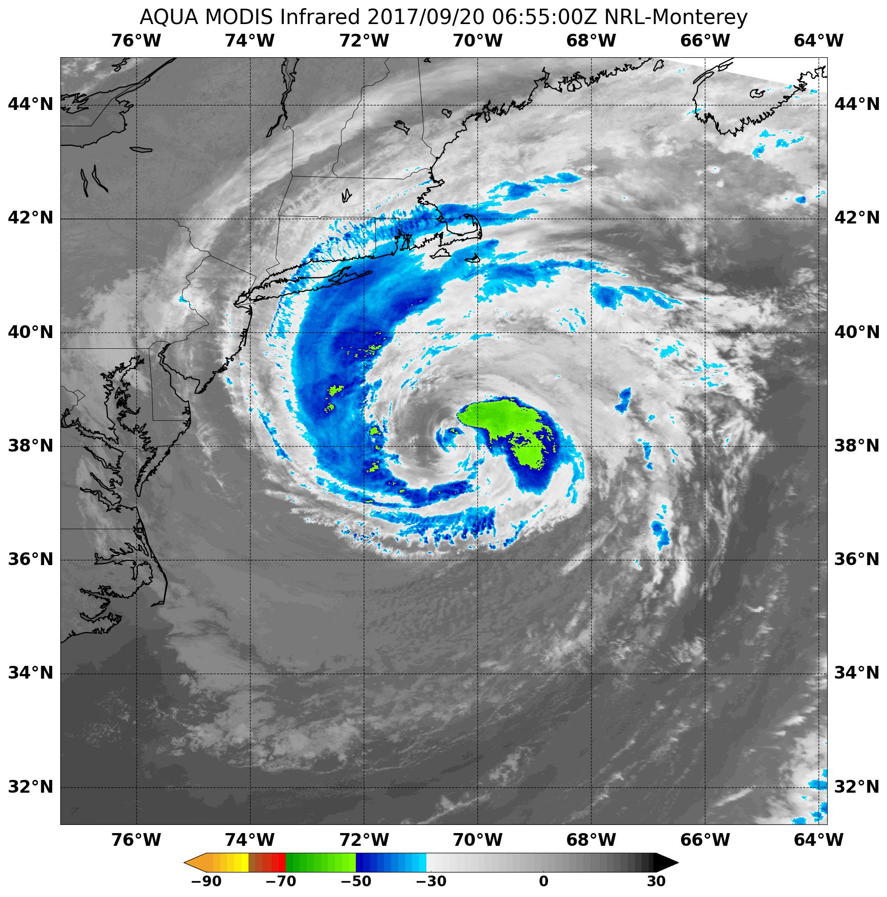 Satellite image of Jose in infrared, with cloud temperatures in greens and blues. 