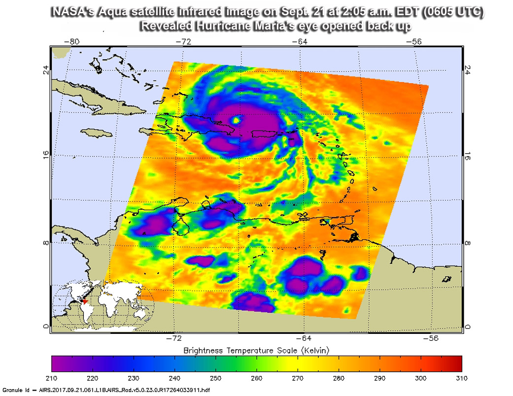 AIRS image of Maria with temperatures in purples, blues, and greens.