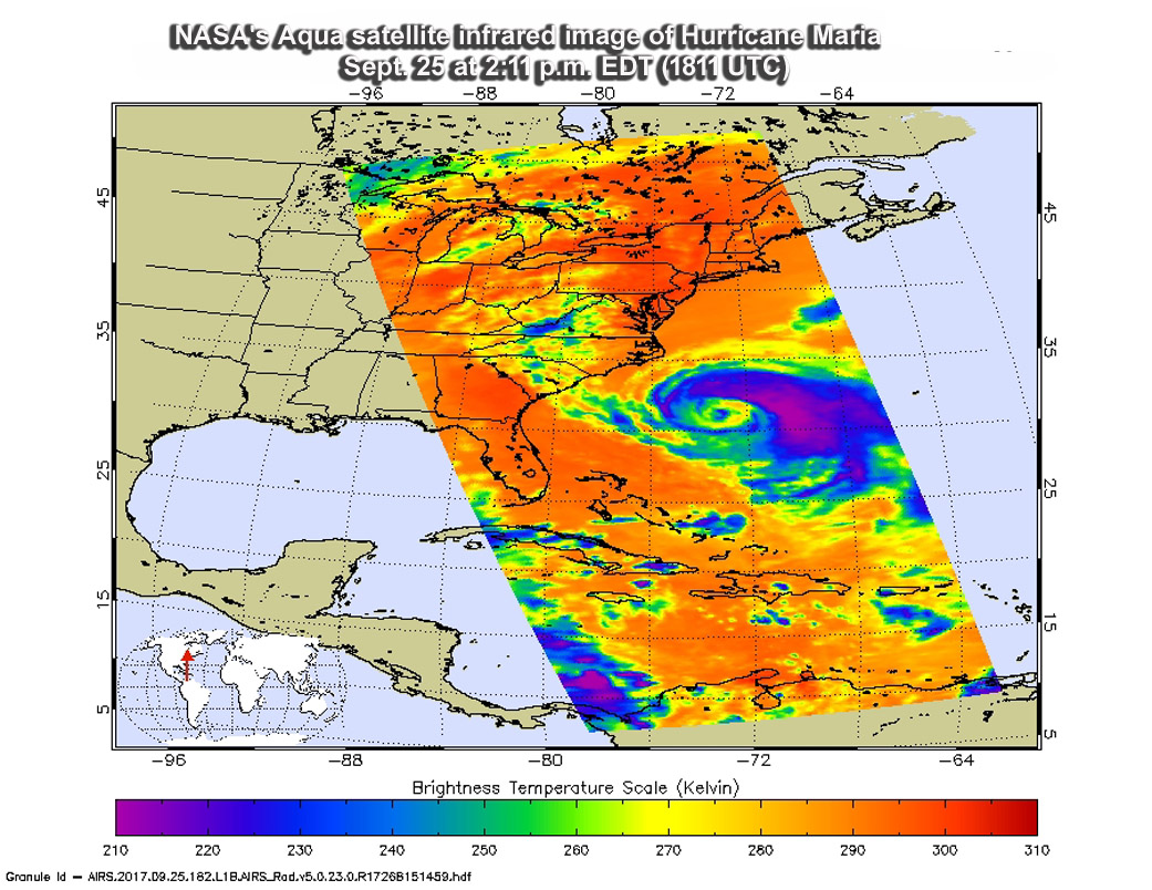 AIRS infrared image of Maria with cloud temperatures in purples, blues, and greens.