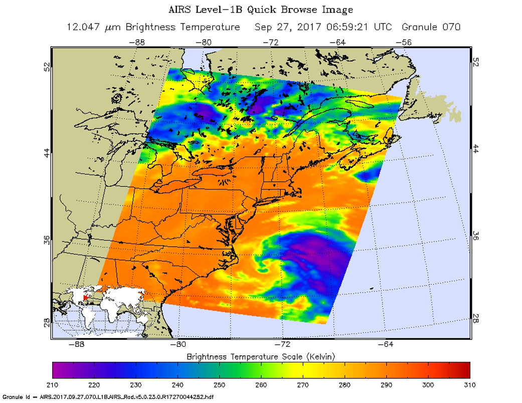 Infrared view of Maria with temperatures shown in blues, purples, and greens.