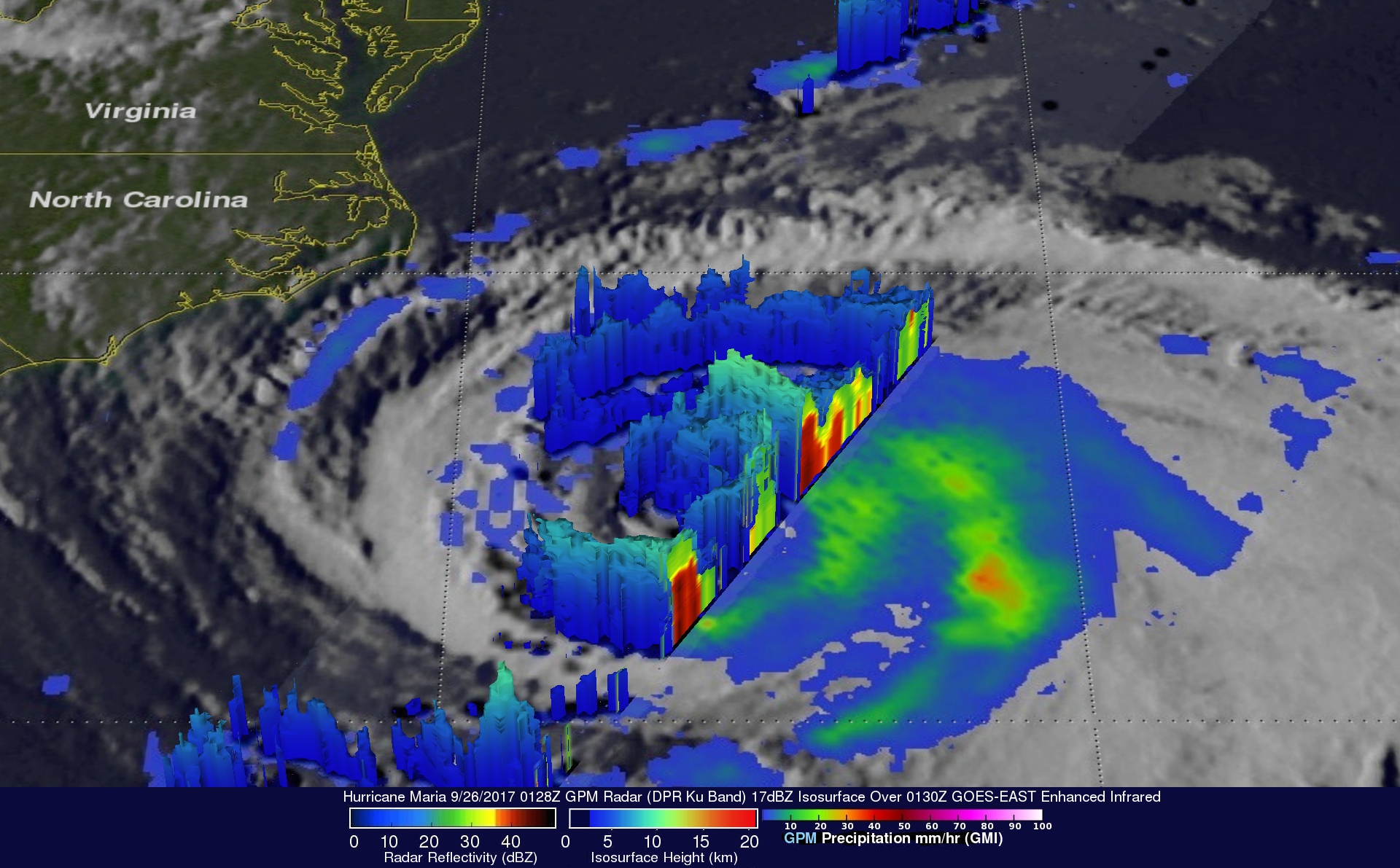 GPM precipitation data on Maria with 3D cloud towers.