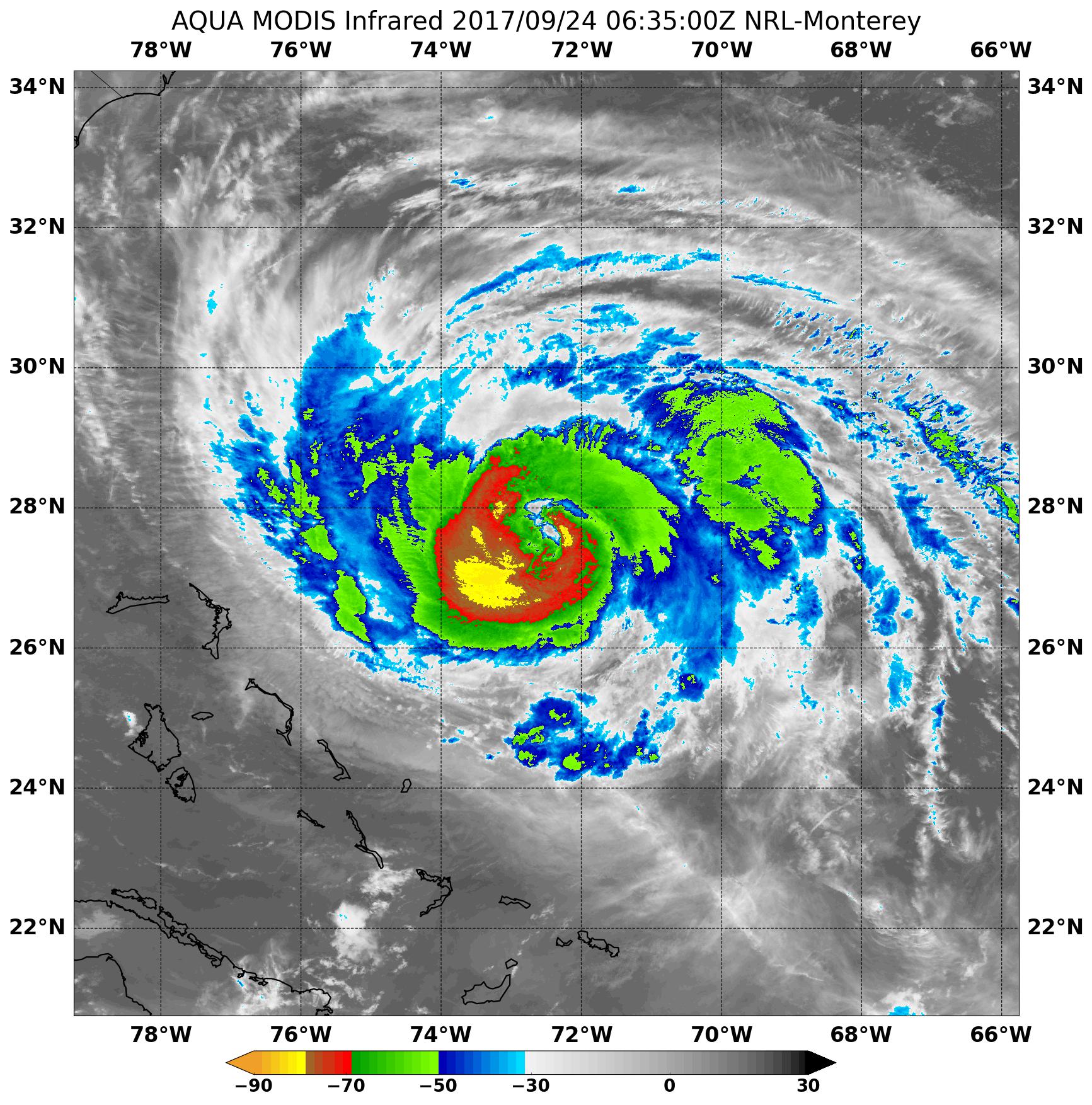 Aqua image of Maria with cloud temperatures in reds, greens, and blues.
