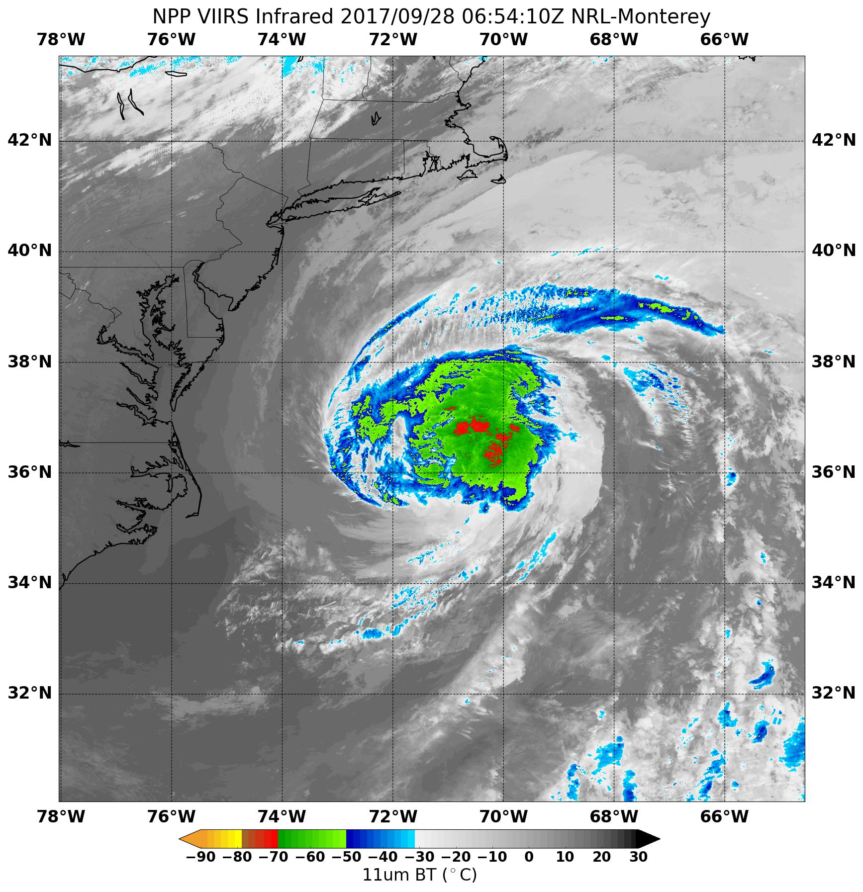 Suomi NPP image of Maria with temperatures shown in red, green, and blue.