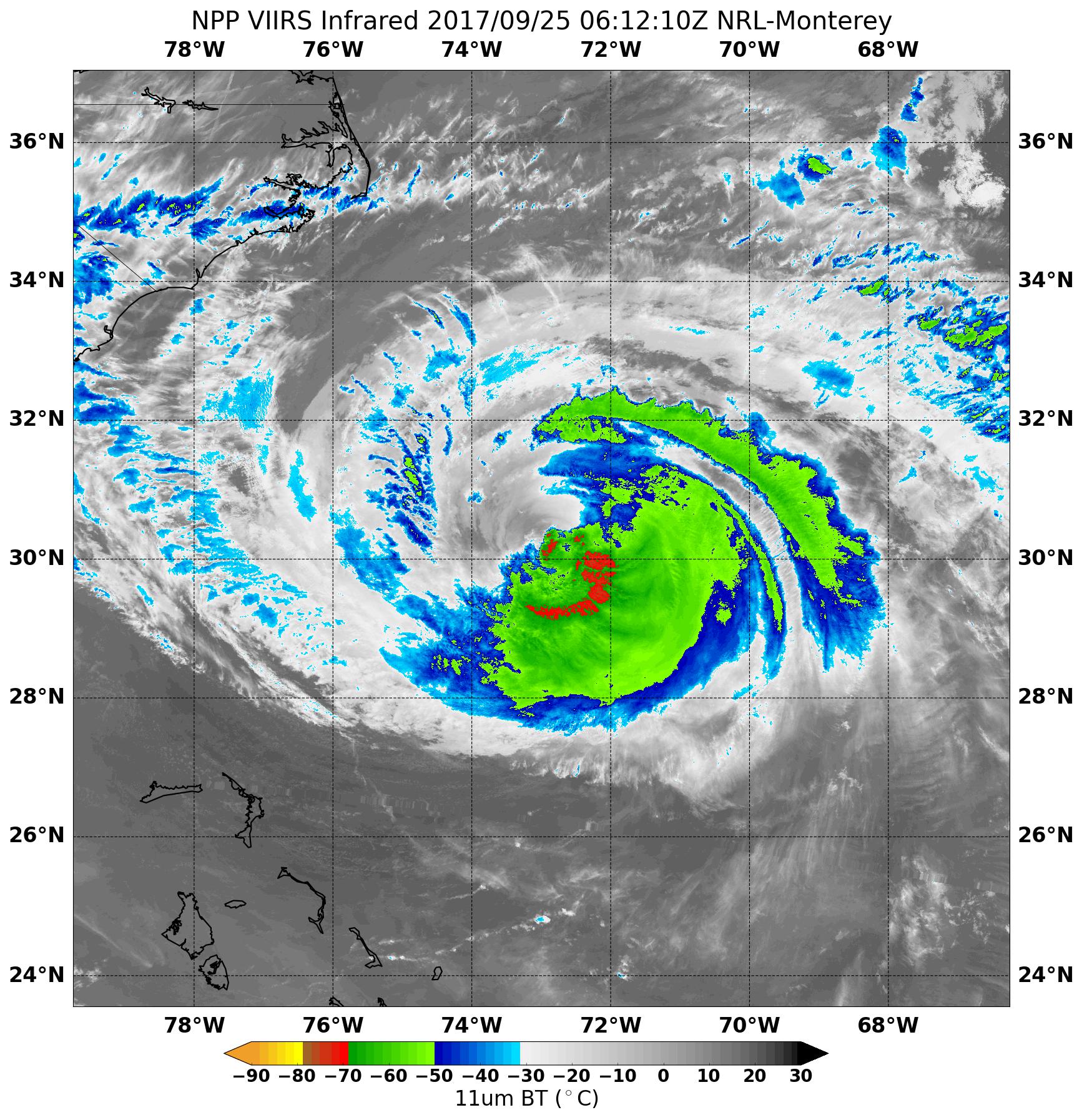 Suomi NPP infrared image of Maria with cloud temperatures in red, green, and blue.