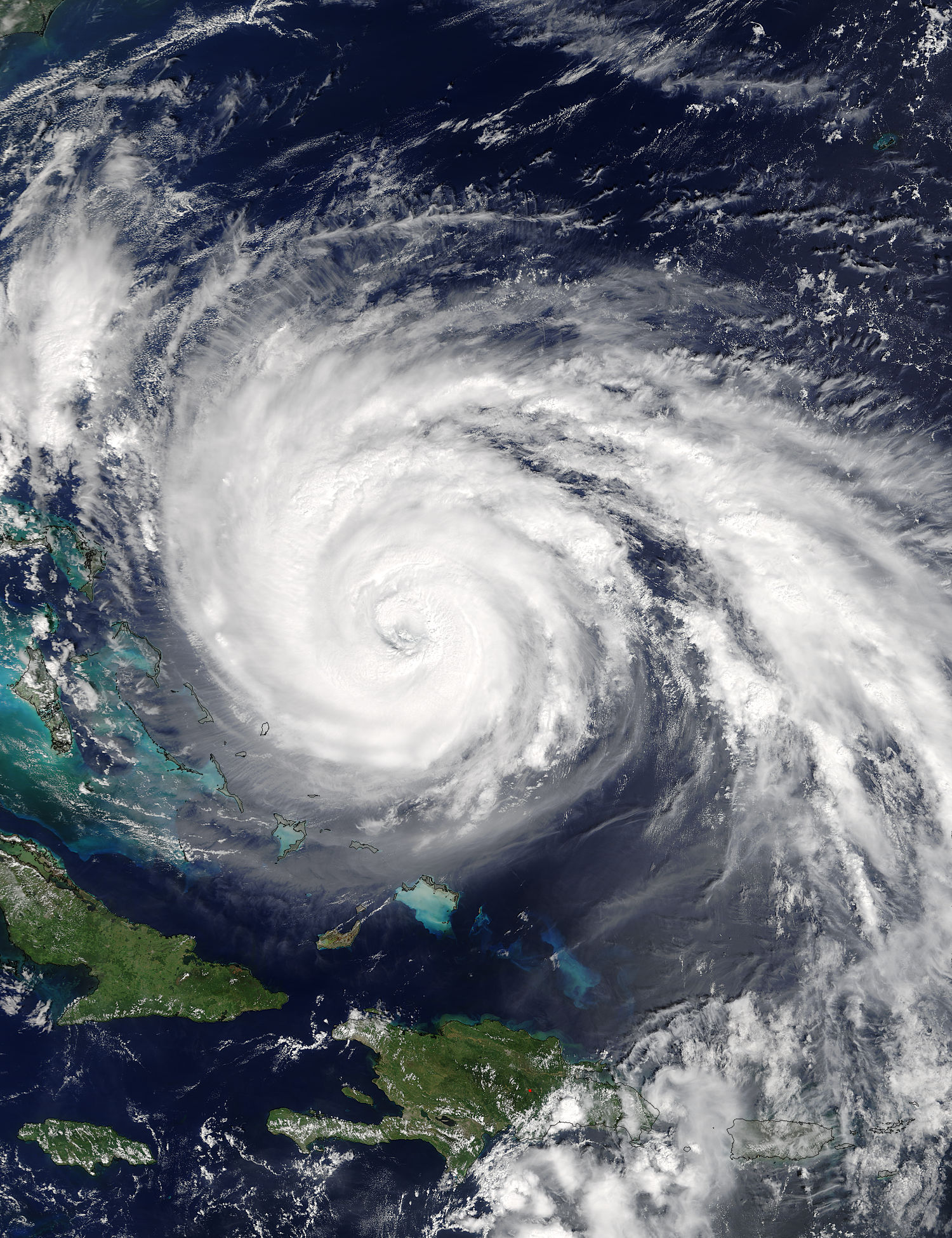 Terra image of Maria with a swirling mass of clouds in the Atlantic Ocean.