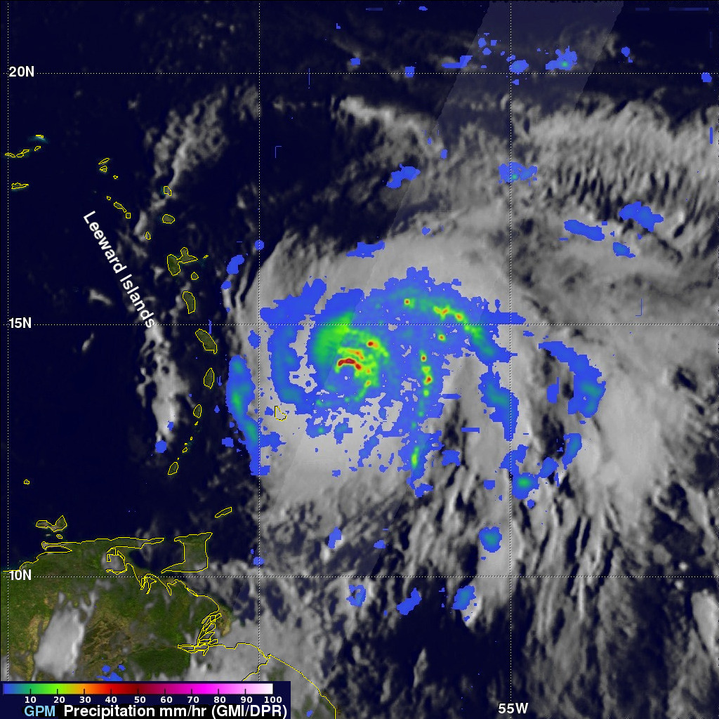 GPM image of Maria with precipitation shown in blues and greens.