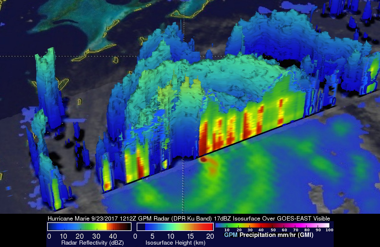 GPM image of Maria with 3D clouds in blues and greens.