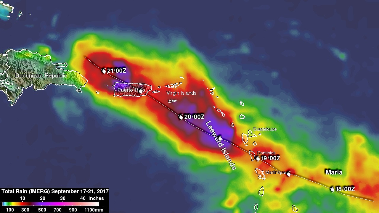 IMERG track of rainfall in Maria, with rainfall marked in purple, red, yellow, and green.