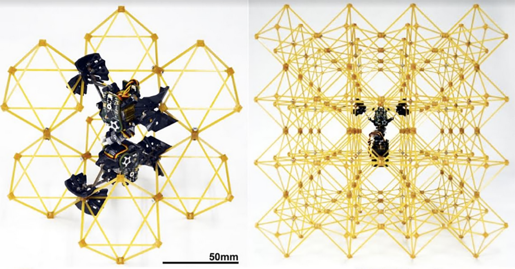 Two views of a yellow lattice structure with black robotic components in the middle of the polygons. One is ~150mm wide in a a 7-part configuration; the other is a larger 4x4x4 structure
