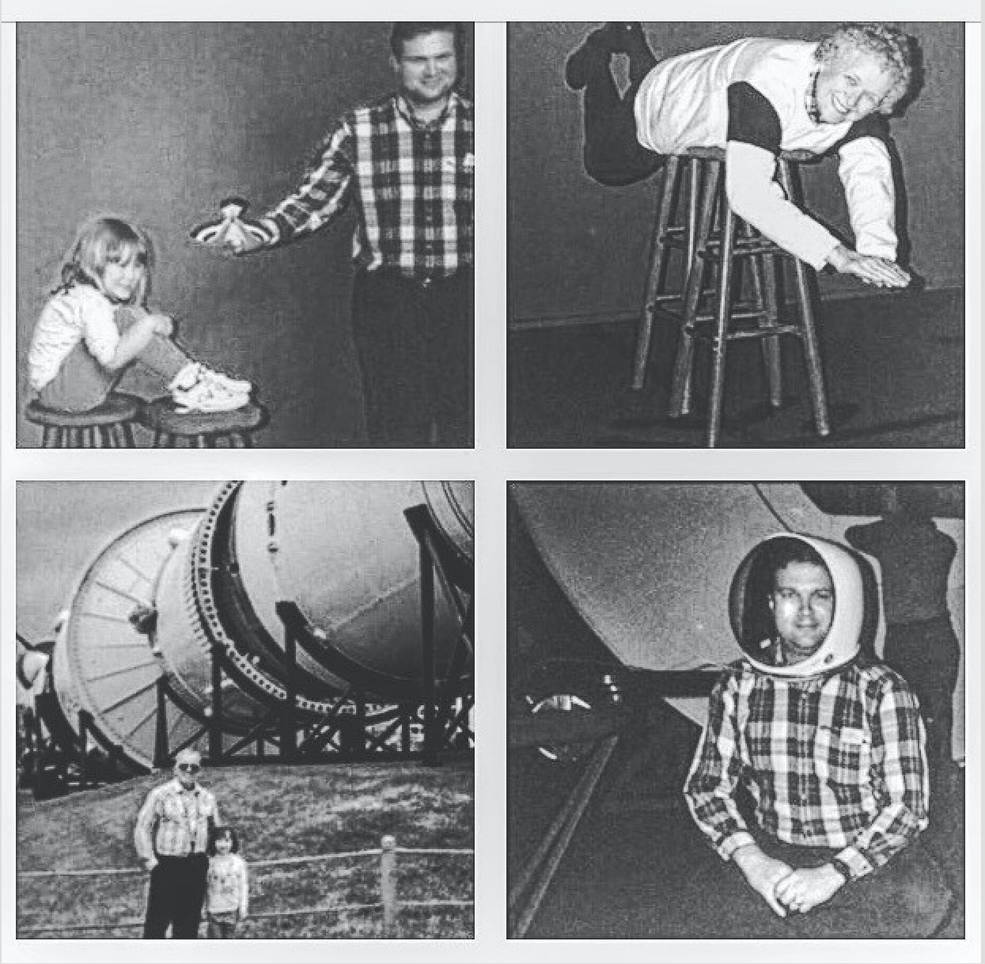 Top two photos: Visit to NASA Johnson Space Center, early 1990s with author as a young astronaut posing with a green screen for a micro gravity picture with grandma. Bottom left photo, rockets with grandpa and an astronaut helmet with dad (bottom right photo).
