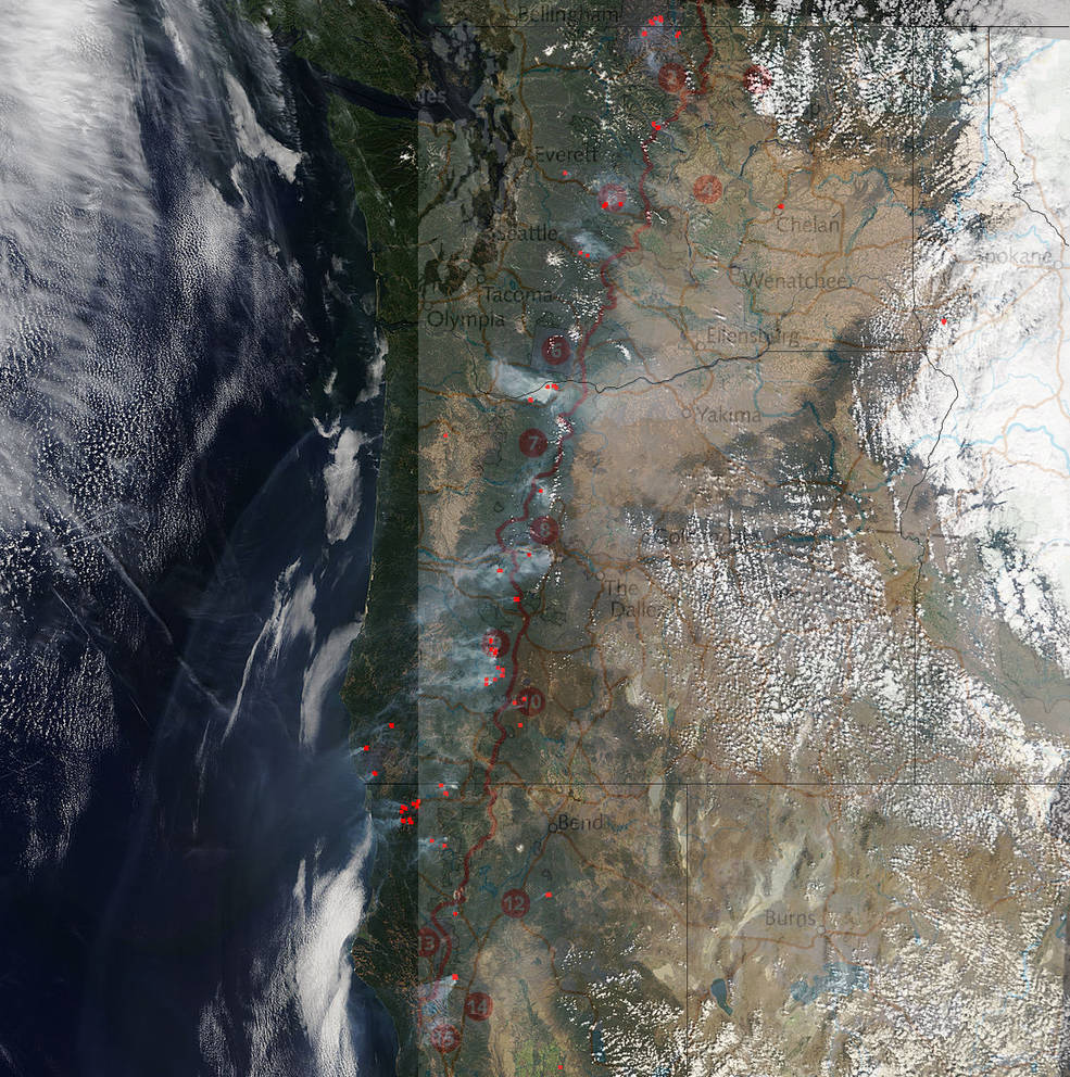 The National Forest Service map of the Pacific Trail superimposed over the Terra image of fires along the trail