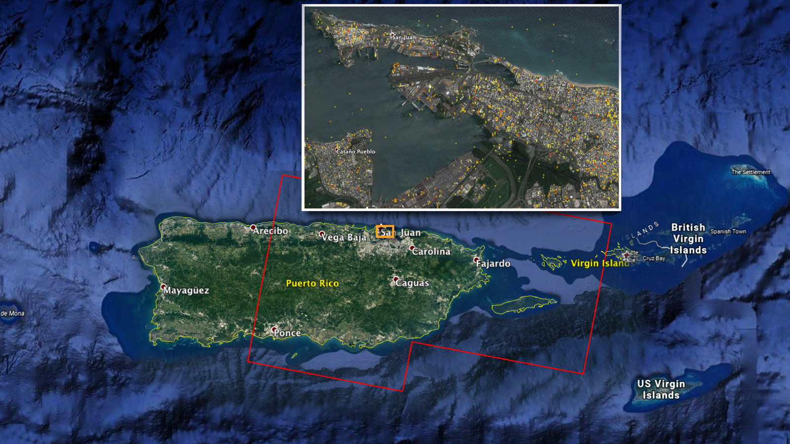 Damage map of Puerto Rico after Maria, with an inset showing locations of daamge.