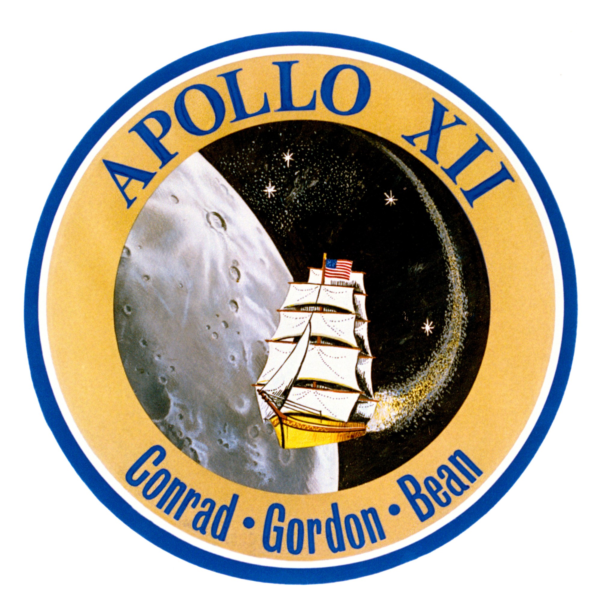 Apollo 12 insignia with image of moon, ship with sails, and names of crew