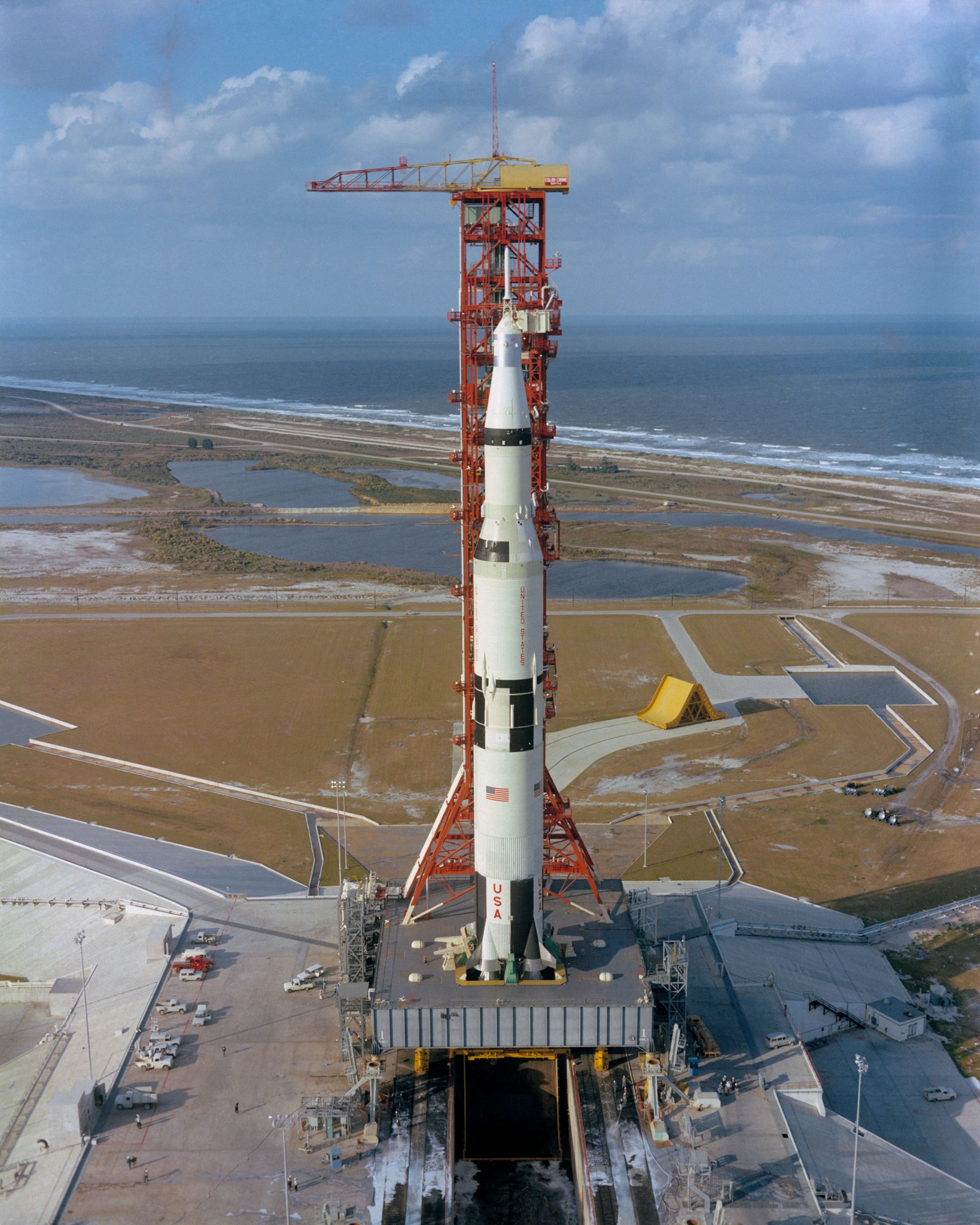 Apollo 4 atop its Saturn 5 rocket on Pad 39A at the Kennedy Space Center.