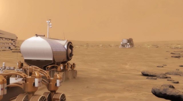An artist's depiction of a rover on the surface of Mars. Researchers are developing shielding concepts for transport vehicles, habitats, and space suits to protect future astronauts on a journey to Mars.