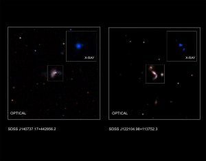 This graphic shows two of five new pairs of supermassive black holes recently identified by astronomers.