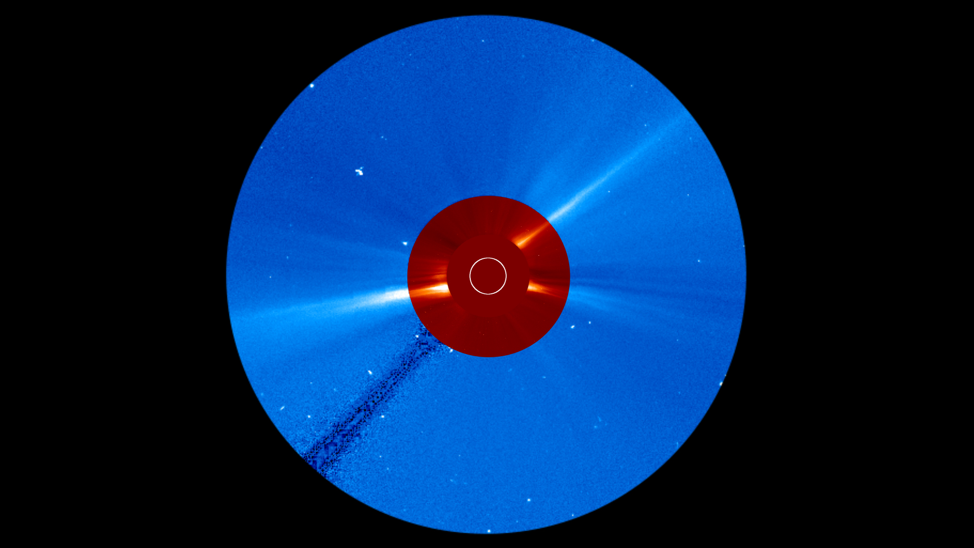 Three circles, going from small to large, are overlayed on top of each other. These highlight the different layers of the Sun, revealing white streams of light.