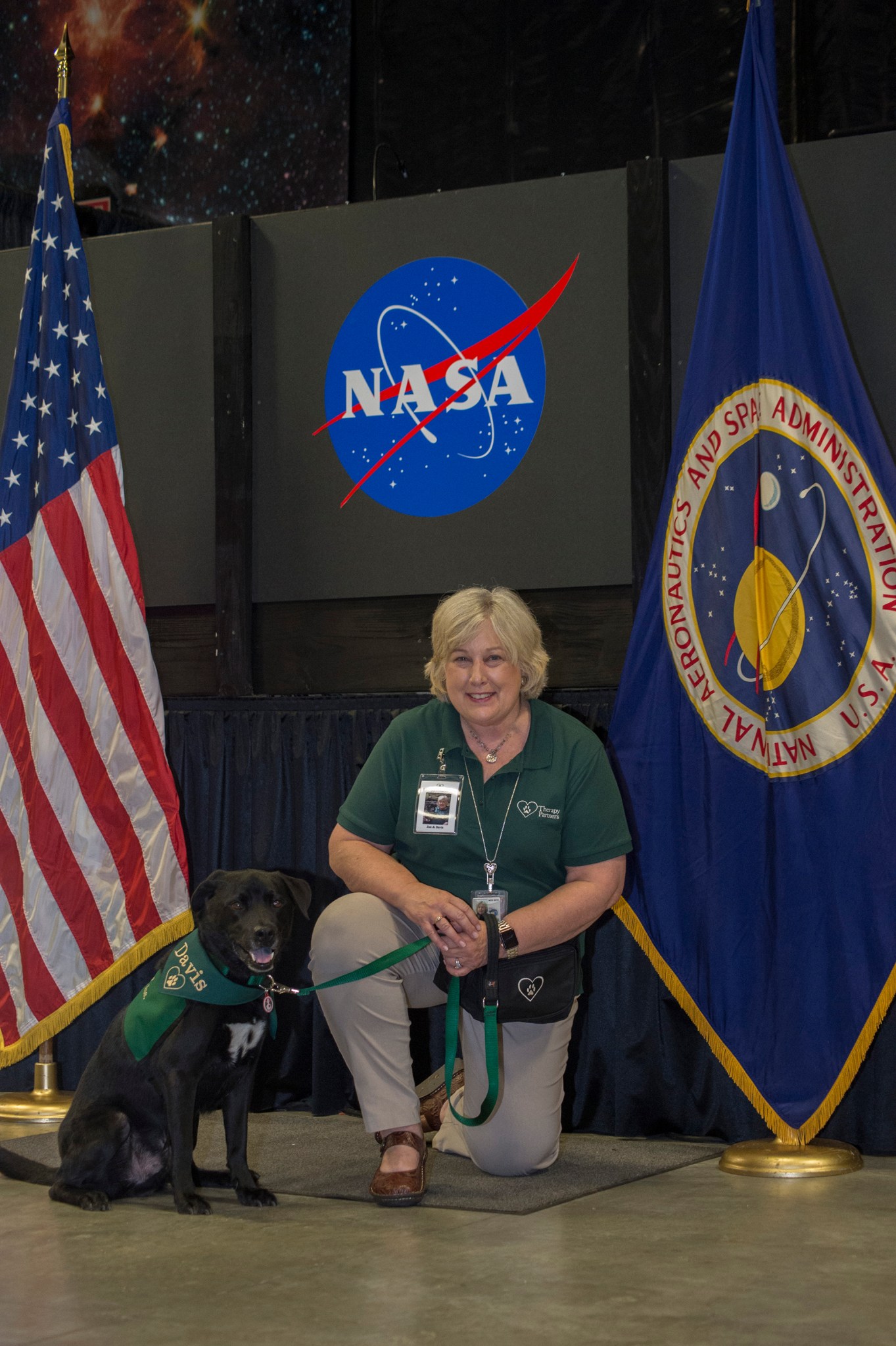 Here, Davis, a therapy dog, with her namesake, former NASA astronaut Dr. Jan Davis -- now a technical expert supporting the Safe