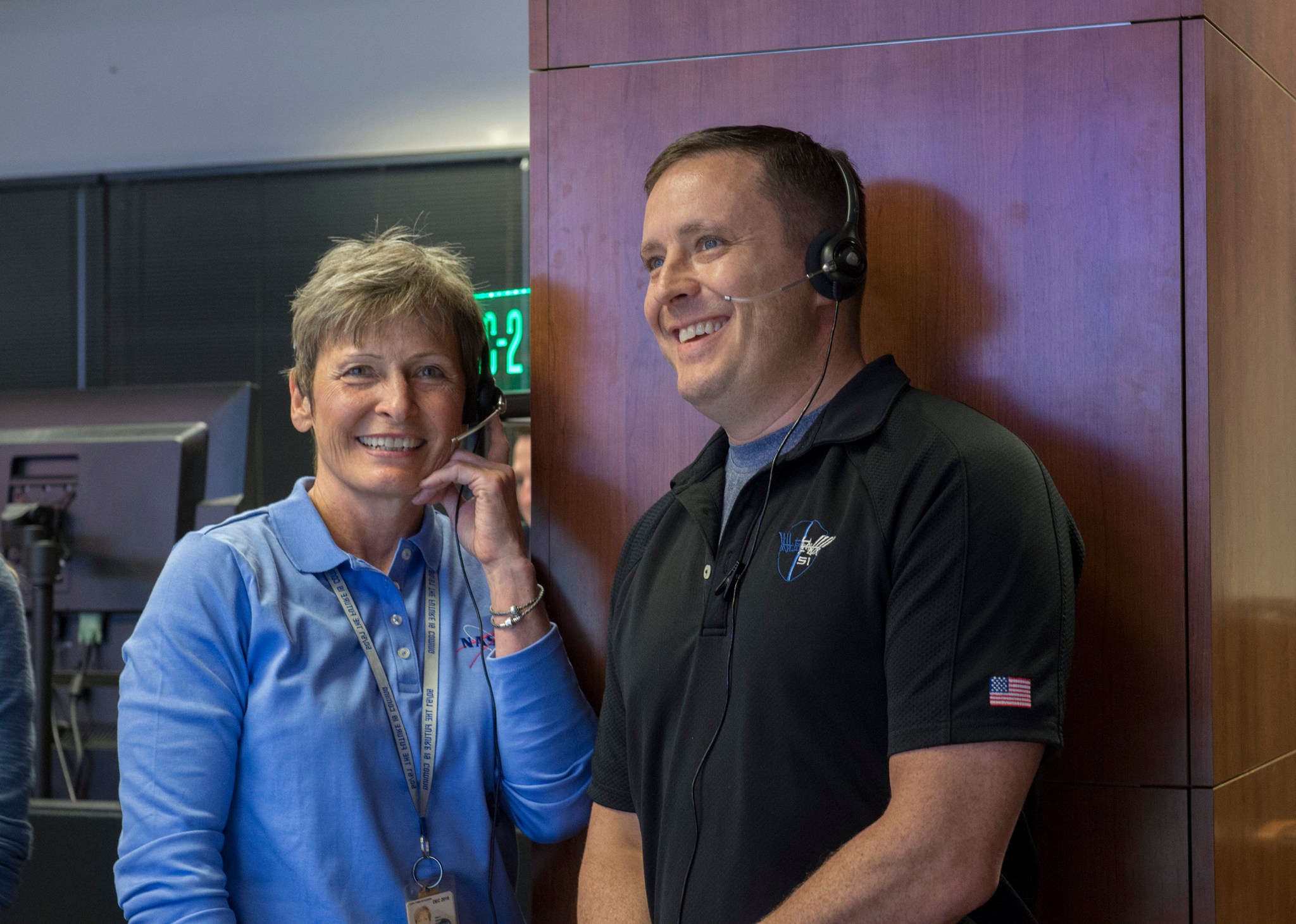 NASA astronauts Peggy Whitson, left, and Jack Fischer speak with their former crew members on the International Space Station.
