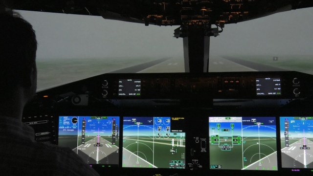 Synthetic vision cockpit display in Research Flight Deck simulator at NASA Langley Research Center in Hampton, Virginia.