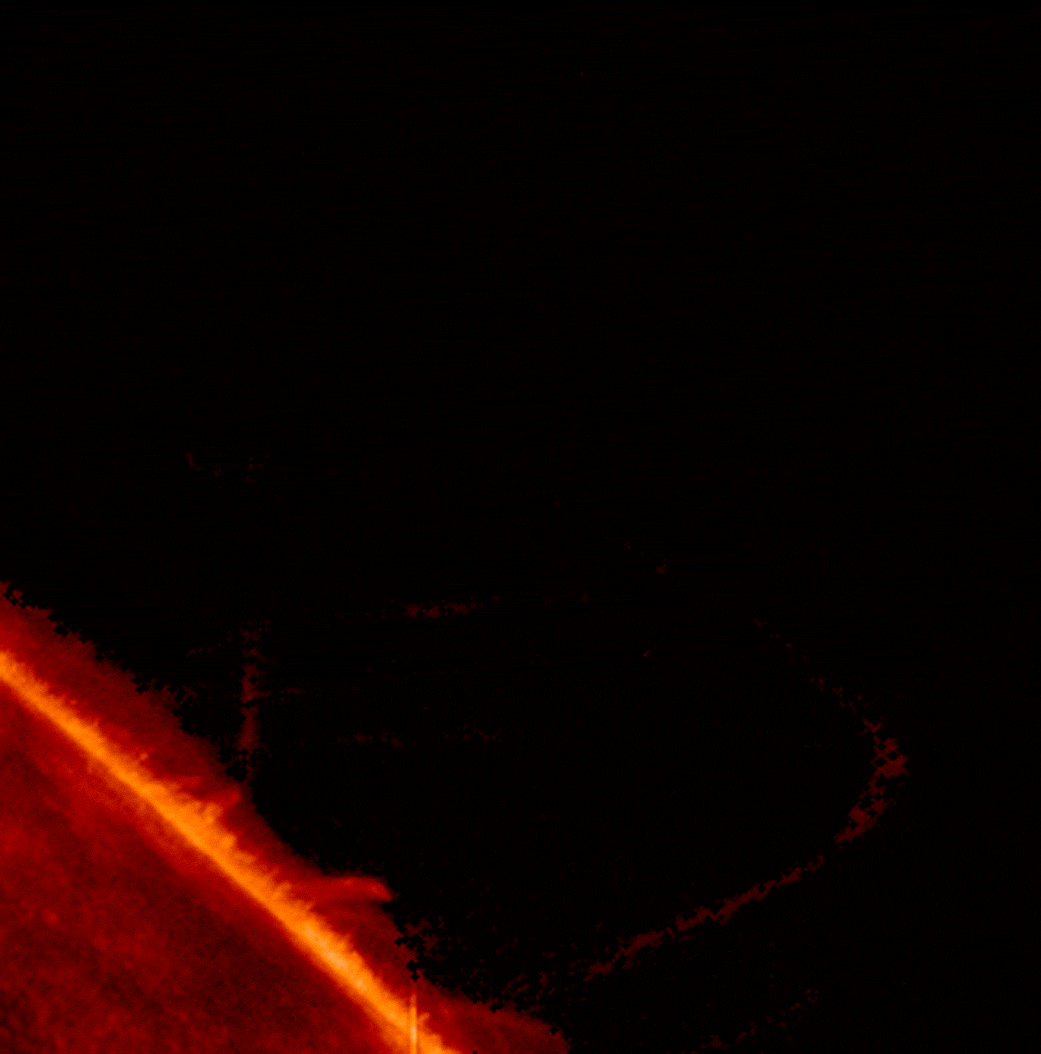 Satellite image of the edge of the Sun, which glows dark red. Bright red and yellow loops of material extend out from the Sun's edge.