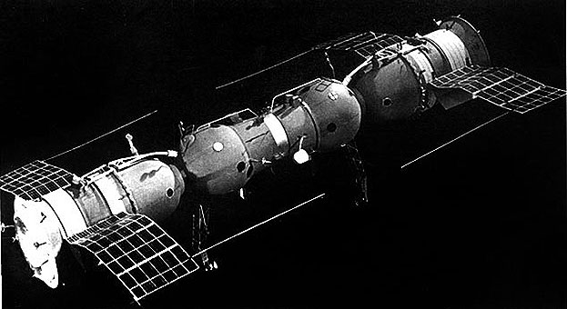 Model of Kosmos 186 and 188 docked in space