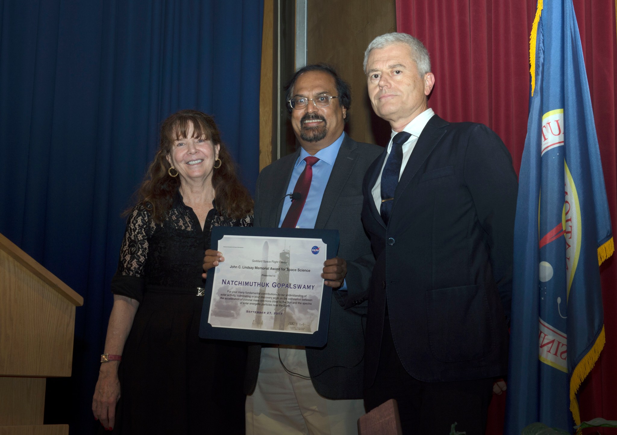 (l to r) Dr. Colleen Hartman, Dr. Natchimuthuk Gopalswamy, Dr. Mark Clampin