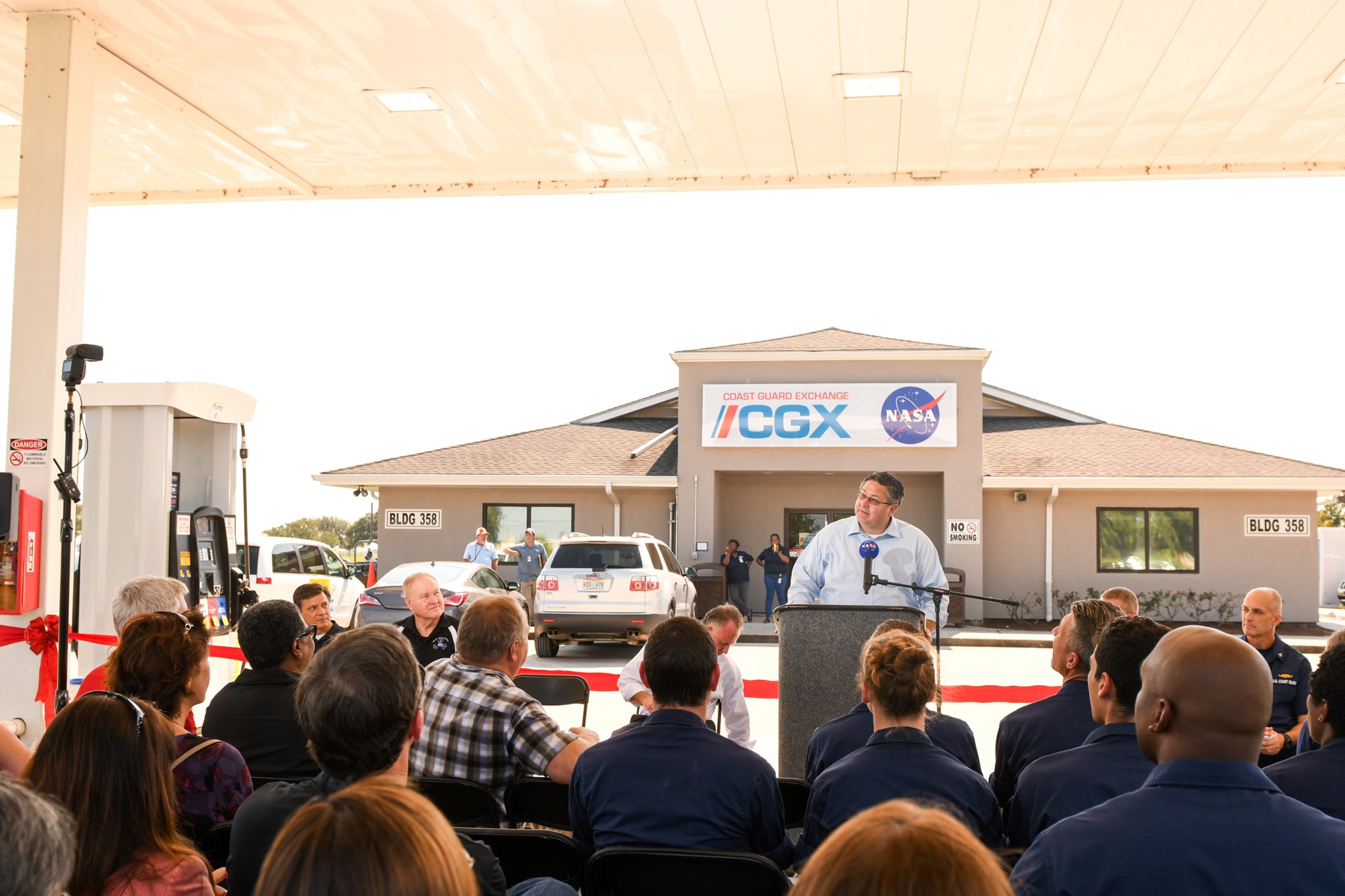 Todd May addresses team members at Michoud Assembly Facility during the ribbon cutting ceremony for the Coast Guard Exchange Gas